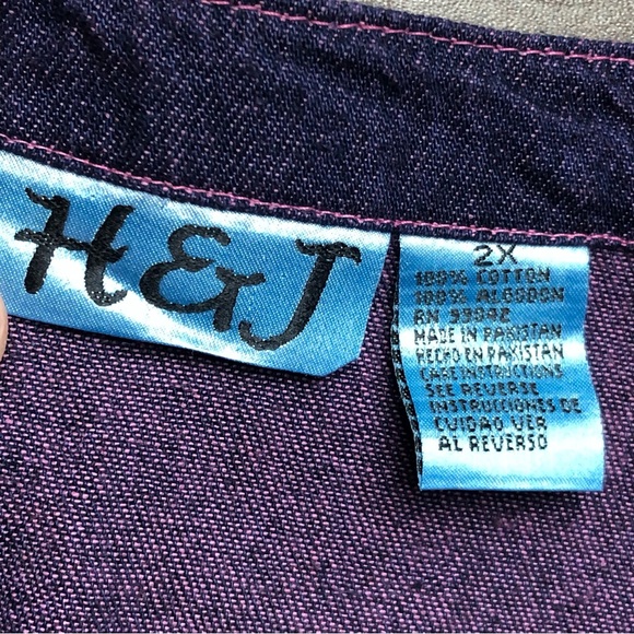 Vintage H & J Jean Dress 2XL Purple Tint Denim 2 Pockets Red Lady Hat Shoe Patch - Picture 10 of 12